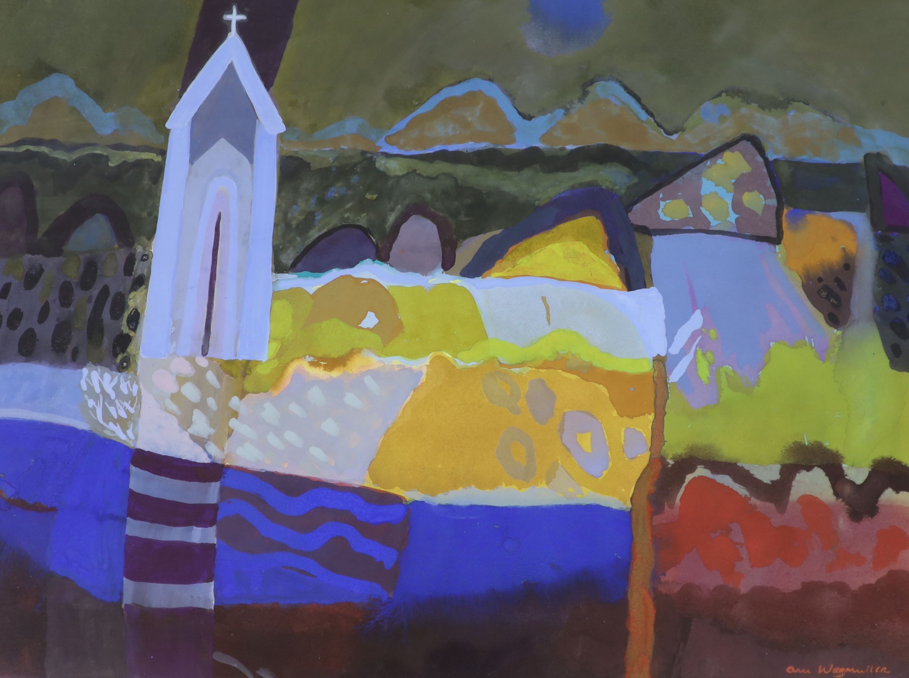 Ann Wegmuller, (1941-) gouache, 'Shore Church', signed, Bankside Gallery label verso, 56 x 75cm